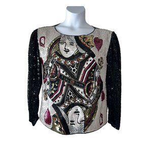 Rare Vintage Queen of Hearts Hand Beaded and Sequined Silk Top Luxe